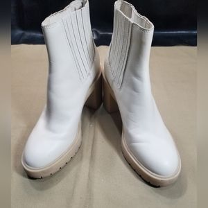 Women's White Leather Ankle Booties with Block Heel